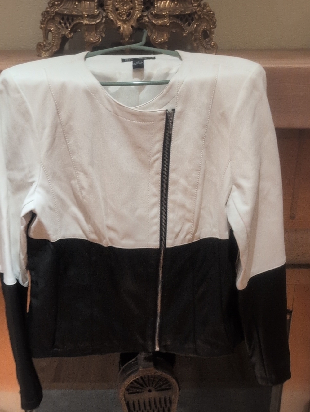 INC International Concepts Black and White Asymmetric Zip Leather Jacket